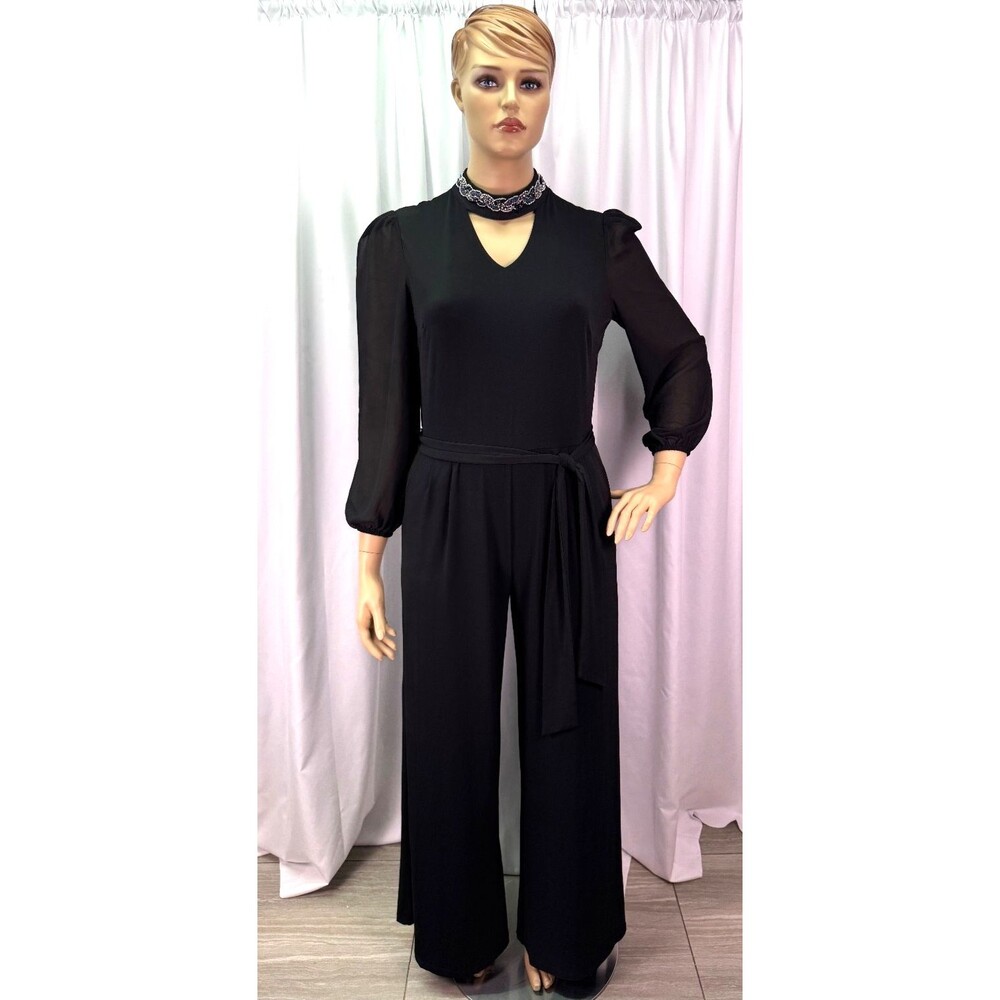 Lisa Rinna Beaded Collar Jumpsuit Women's L Black Wide Leg Holiday Formal Wear